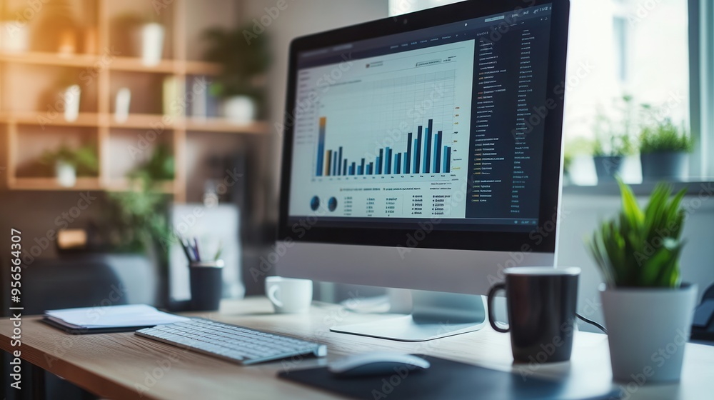 Aufkleber An expert is deeply engaged in analyzing data on a large monitor while working at a neat desk with essential tools and a coffee mug. Generative AI