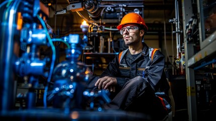 Fototapeta premium Industrial worker in orange hard hat and uniform seated indoors, holding equipment, focused on tasks within an industrial machine environment, emphasizing skilled labor and dedication to safety