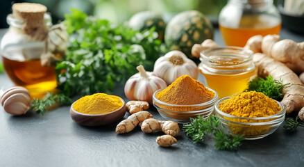 A selection of immune-boosting foods like garlic, turmeric, and honey on a kitchen counter.