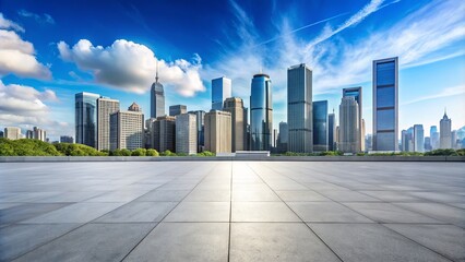 Urban cityscape with modern skyscrapers and bright blue sky reflected in sleek, grey concrete flooring, emphasizing contemporary architecture and metropolitan lifestyle.