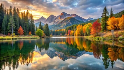 Obraz premium Variegated autumn foliage reflects in serene lake water surrounded by rugged mountains and evergreen trees in a tranquil forest landscape at dawn.