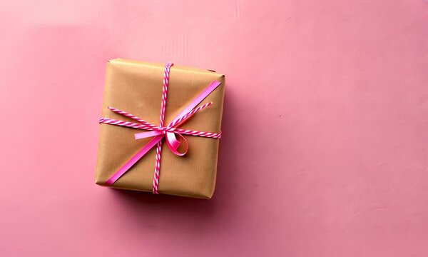 Gift wrapped in brown paper with pink and white string on background