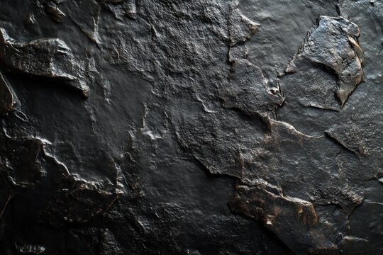Dark stone texture with rough surface and cracks. Natural slate background. Geological concept for banner, poster, wallpaper design with copy space