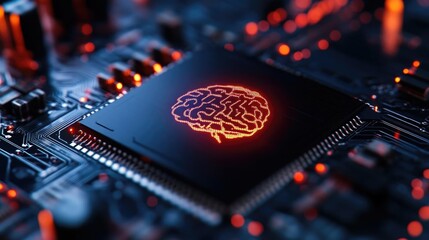 A close-up of a microchip featuring a glowing brain design, symbolizing artificial intelligence and technology integration.