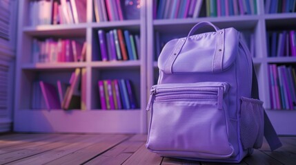 purple backpack pastel-colored on books. Minimalistic style on background. education and fashion