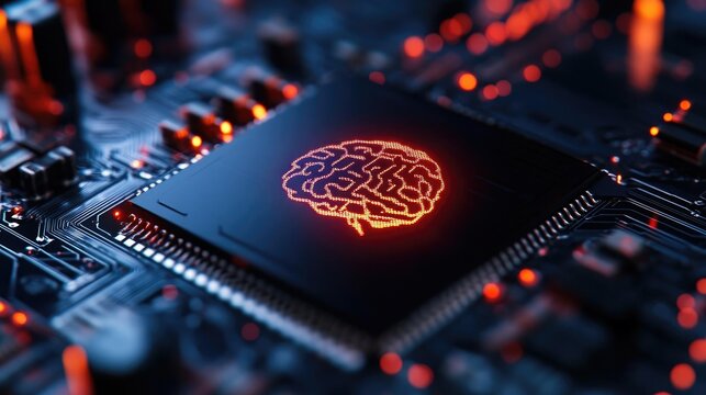 A close-up of a microchip featuring a glowing brain design, symbolizing artificial intelligence and technology integration.