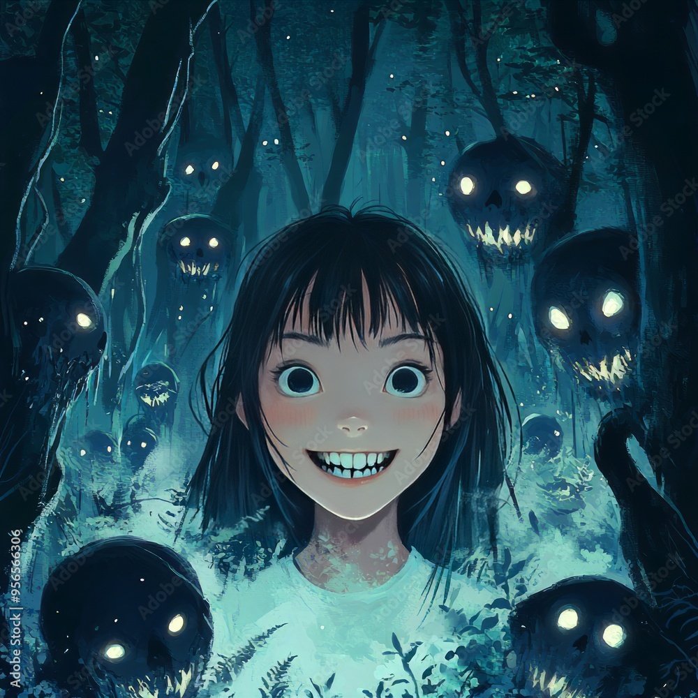 Wall mural A young girl with a wide smile stands in a dark forest surrounded by glowing, grinning skulls.