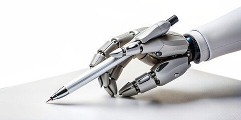 Robotic hand writing a letter on white background, robot, technology, artificial intelligence
