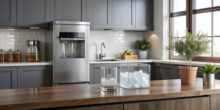 Countertop ice maker in a modern kitchen setting, metallic, style, appliance, ice maker, modern, kitchen