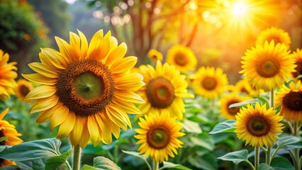 Obraz premium Vibrant sunflowers blooming in a lush garden setting, sunflowers, garden, nature, bloom, vibrant, yellow, beauty, outdoor, flora