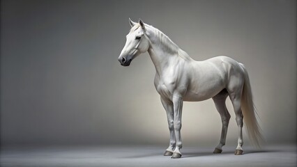 Obraz premium Pure white horse standing alone on a gray background, horse, white, isolated, majestic, equine, animal, beautiful, grace