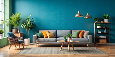 Modern living room interior with colorful decorations, plants, sofa, coffee table, lamp, and blue wall