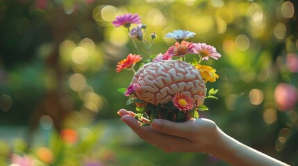 A hand holding a brain model with colorful flowers in the garden, a concept of happiness and mental health for humans, with a blurred green natural background.