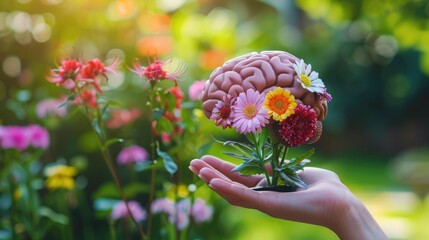 A hand holding a brain model with colorful flowers in the garden, a concept of happiness and mental health for humans, with a blurred green natural background.