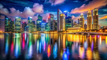 Vibrant cityscape of Singapore at night, featuring a stunning skyline with towering skyscrapers, bustling streets, and colorful neon lights reflecting off the water.