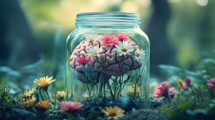 A brain in a glass jar, with flowers blooming inside, representing containment and growth.


