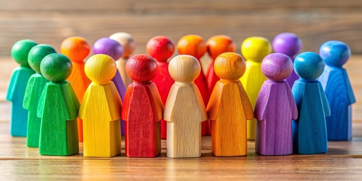 Colorful wooden figures representing diversity and unity, diverse, colorful, painted, group, people, figures, unity