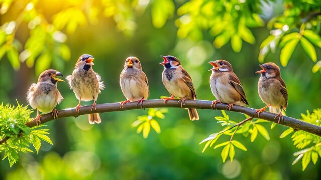 Funny little birds chirping on a branch in a spring sunny park , birds, branch, spring, park, chirping, nature, cute, small