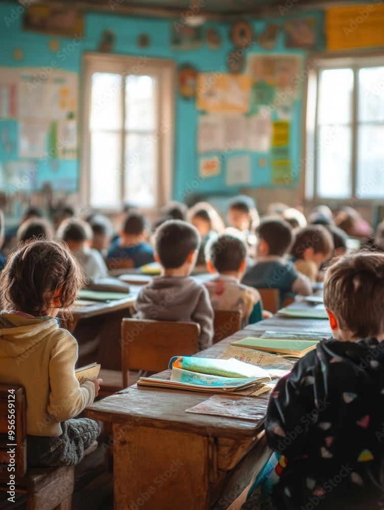 Aufkleber Students sit attentively in a crowded classroom, surrounded by old books and inadequate supplies, eager to learn together. Generative AI