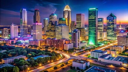 Naklejka premium Vibrant colors illuminate the Dallas night skyline, featuring iconic skyscrapers, neon lights, and bustling streets surrounded by tranquil darkness, showcasing Texas' urban charm.