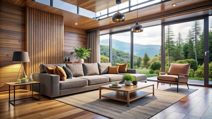 Fototapeta premium Modern living room with wood accents and stylish interior design, featuring a cozy sofa and a beautiful view from the patio