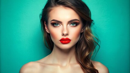 Fototapeta premium Vibrant coral lips, sun-kissed skin, and bold eyeliner shine against a bright turquoise background, capturing the essence of a fun and carefree summer afternoon.