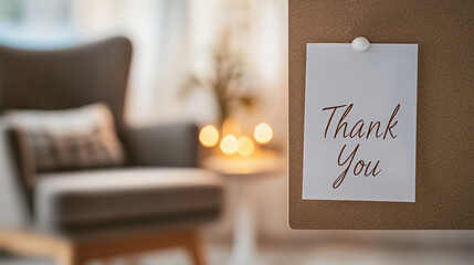 "Thank You" note pinned on a corkboard in a cozy living room setting