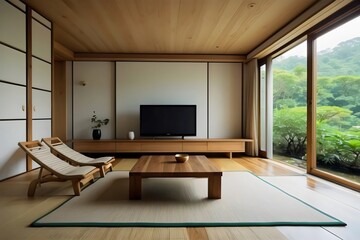 Modern living room, Japonise home interior design concept, comfortable white sofa and armchair, cozy carpet, coffee table, and plants. Generative AI.