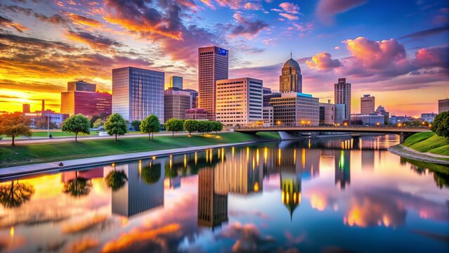 Vibrant downtown Dayton, Ohio skyline at sunset, featuring the Great Miami River and iconic buildings, including the Kettering Tower and Dayton Convention Center.