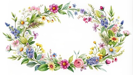 Watercolor wreath with delicate wildflowers and leaves, perfect for weddings and greetings, watercolor, wreath