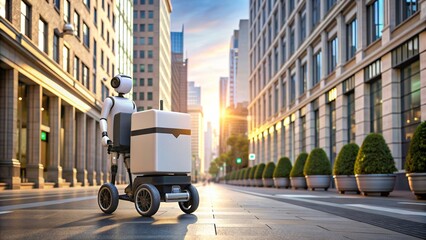 Robotic courier delivering packages on city streets , robot, courier, delivery, package, city