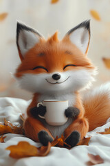 Cozy Autumn Fox with Coffee: 3D Cartoon Character