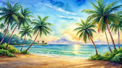 Obraz premium Summery watercolor of a tropical seaside landscape with palm trees , Watercolor, Tropical, Seaside, Landscape