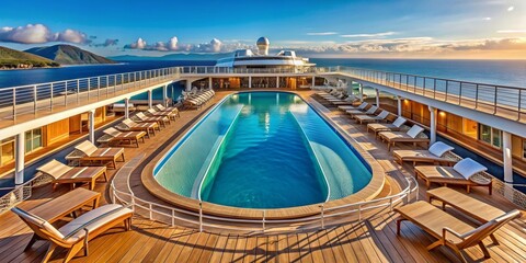 Top deck of cruise ship showcasing luxurious pools and spa facilities, cruise ship, top deck, pools, spa, luxury