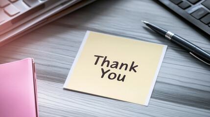 Sticky note with "Thank You" message on an office desk with a pen and keyboard