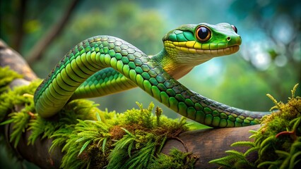 Fototapeta premium Vibrant green boomslang snake with large eyes and elongated body coils gracefully on a moss-covered tree branch in a misty African rainforest atmosphere.