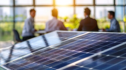 Businessman providing a consultation on solar panels for a team of coworkers or customers during a meeting in the office.