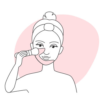 recommend clip art: Vector line art illustration of a woman applying makeup as part of a skincare routine.