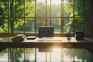 Sunlight Streaming Through Window Onto Empty Office Desk