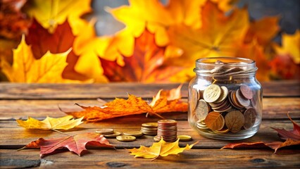Coins scattered on a table and in a jar surrounded by autumn leaves , Finance, savings, money, currency, jar, tabletop, table, autumn
