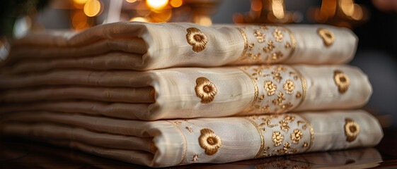 Fototapeta premium a stack of folded white fabric with gold embroidery on it. The fabric appears to be made of a soft, silky material and has a subtle texture.
