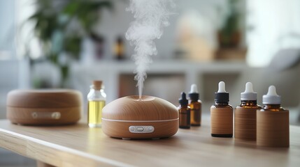 Aromatic diffuser with essential oils on a wooden table, creating a soothing atmosphere in a bright indoor setting