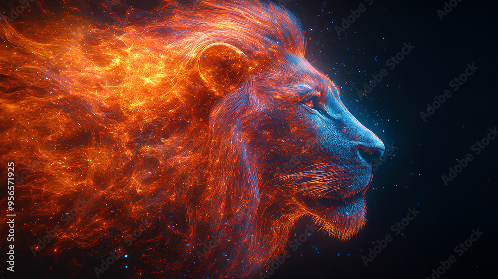 Wall mural Lion, the head of a lion in a multi-colored flame. Abstract multicolored profile portrait of a lion head on a black background