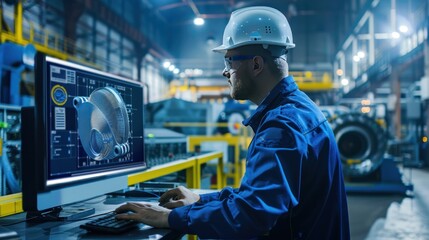 Fototapeta premium Engineer designing engine working on computer inside the heavy industry factory industrial.