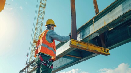 Engineer supervising the lifting of steel beams by a crane, with a partially constructed bridge and clear sky in the background.