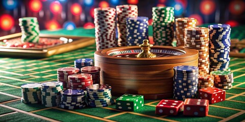 Dice, chips, and cards on a gambling table , gambling, casino, risk, luck, wager, bet, money, game, chance, entertainment, play, win, lose
