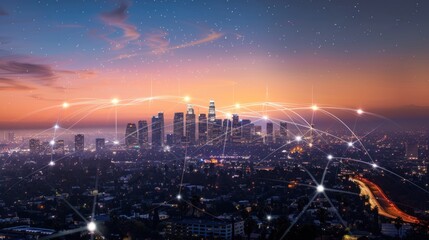 Fototapeta premium Futuristic cityscape at dusk with glowing network connections represented by light trails and points of light connecting various buildings.