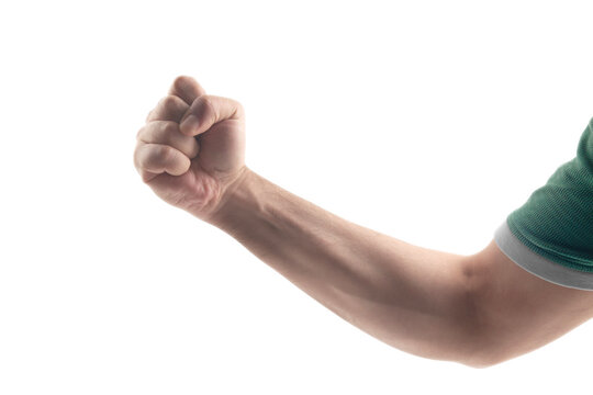 Male clenched fist with blood veins represents the strength isolated on white background 
