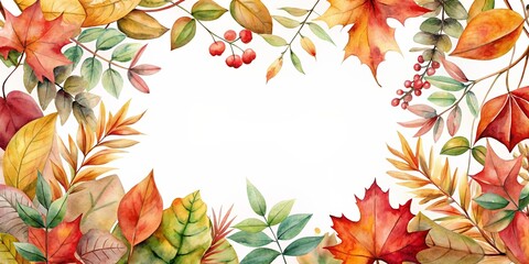 Watercolor frame of autumn leaves including red maple leaves, eucalyptus branches, and wild greenery, Watercolor, Autumn