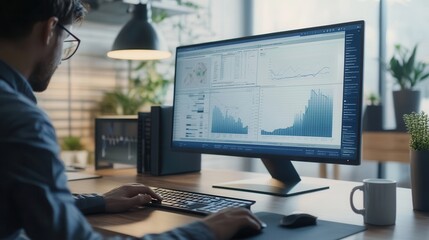 An expert is deeply focused on a computer monitor, analyzing data and writing notes with a coffee mug nearby at a clean workspace. Generative AI